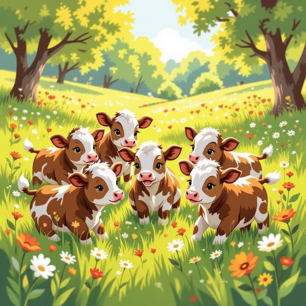 Adorable Cow Cubs Play in Sunny Meadow