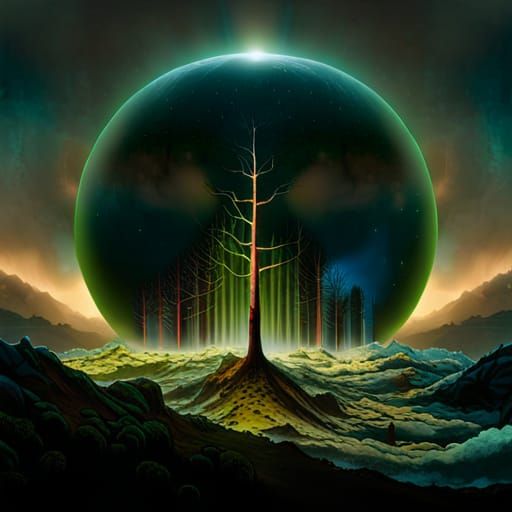 Glowing Orb Illuminates Mystical Forest Landscape