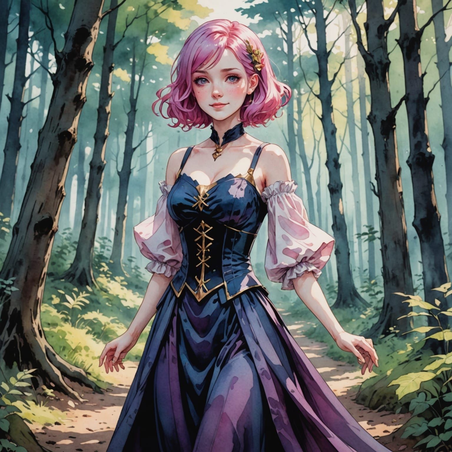 Pink-Haired Woman in Creepy Forest, Watercolor Art