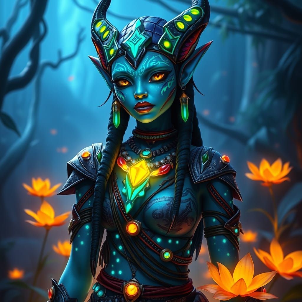 Na'vi Woman in Pandora's Bioluminescent Forest
