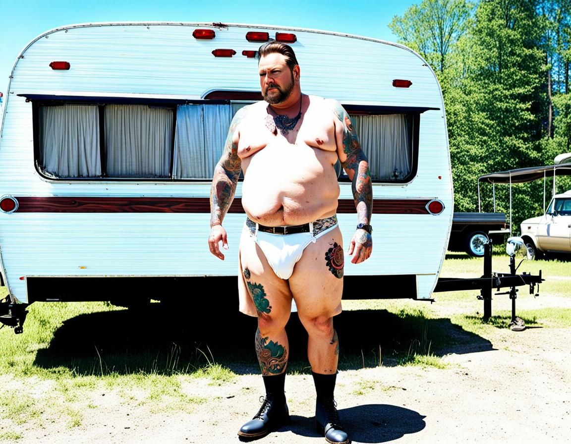 Overweight Man in Mini Skirt in Trailer Park