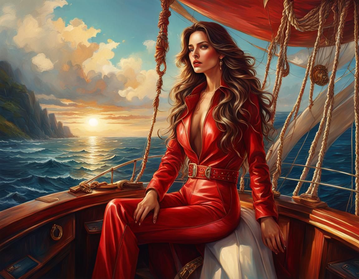 Brunette in Red Jumpsuit on Yacht, Concept Art
