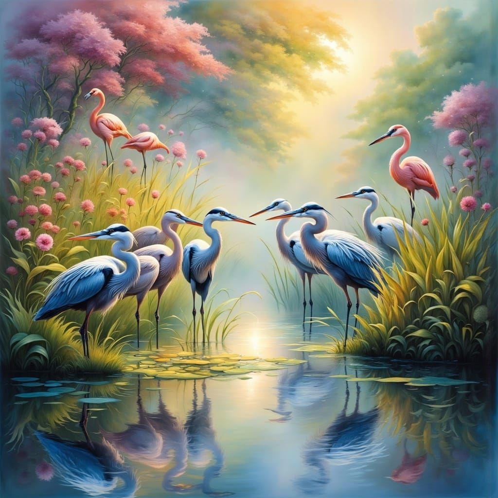 Serene Blue Heron Assembly in Morning Light