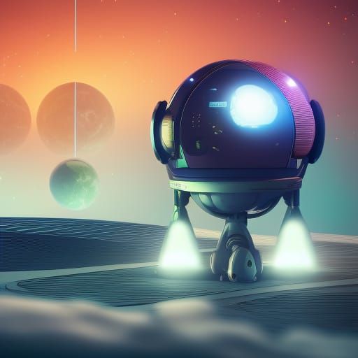 Futuristic Space Station with Robot in Jewel Tones