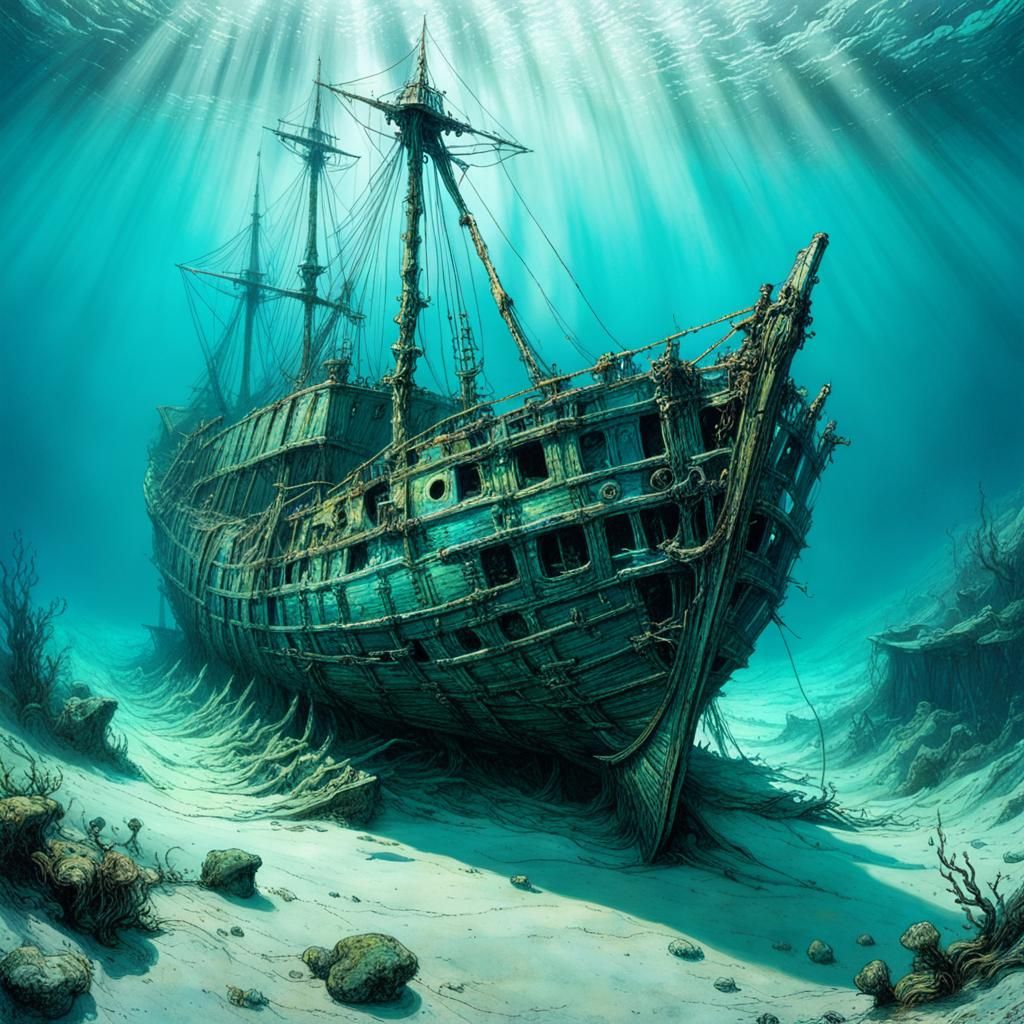 Shipwreck on the Seabed in Vibrant Turquoise