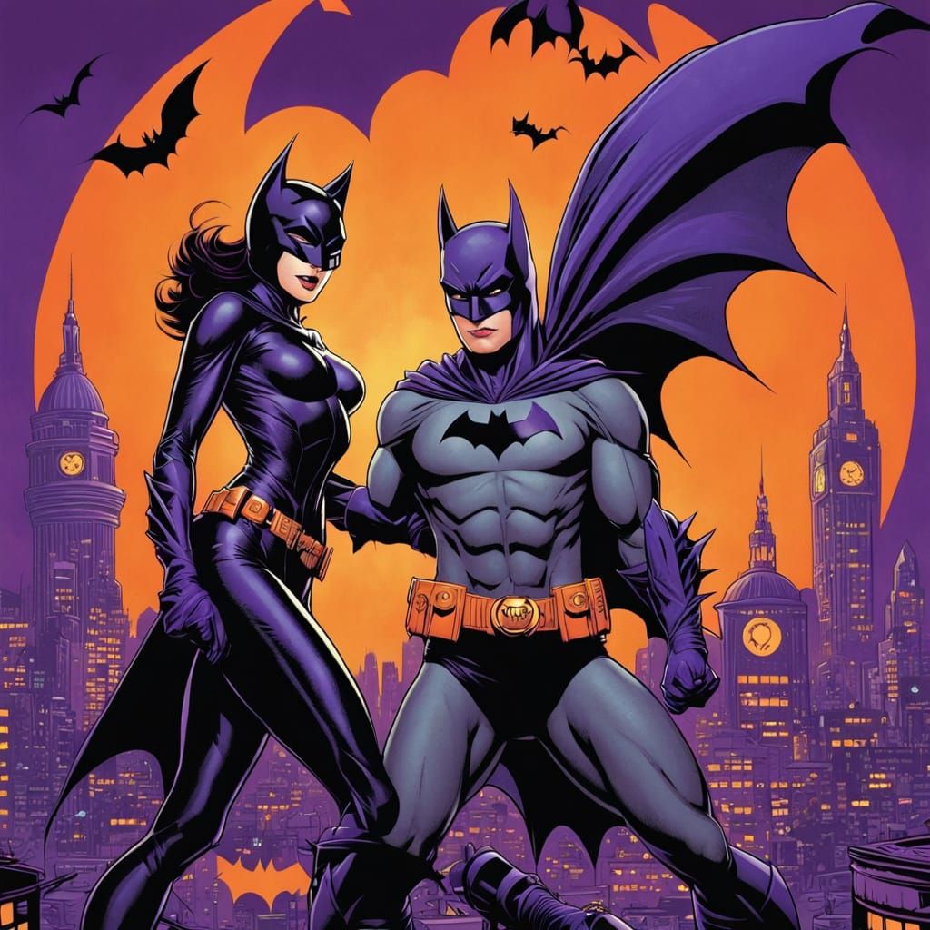 Batman vs Catwoman: Comic Book Art in Purple and Orange