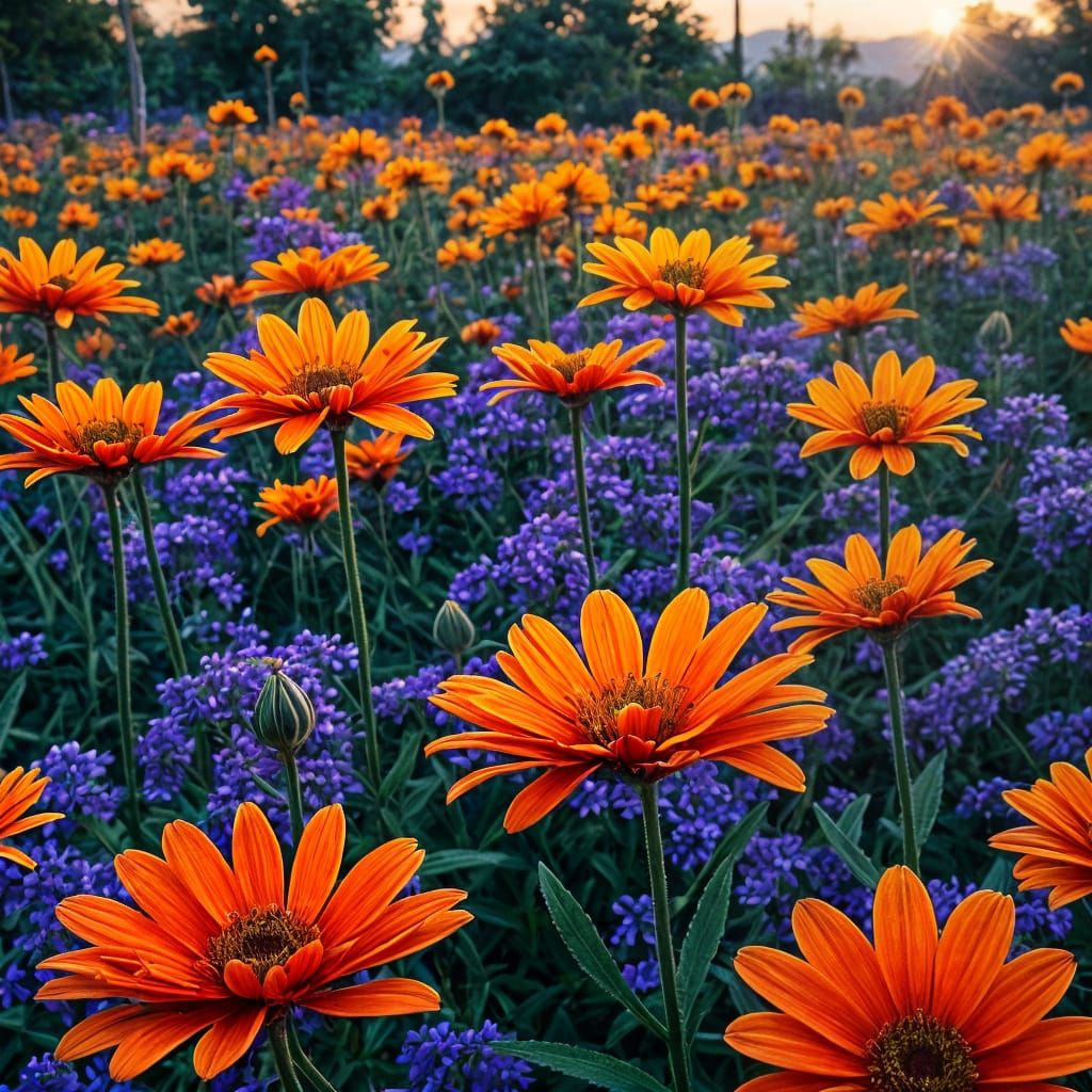 Vibrant Surreal Garden Blooms in Dazzling Orange and Purple ...