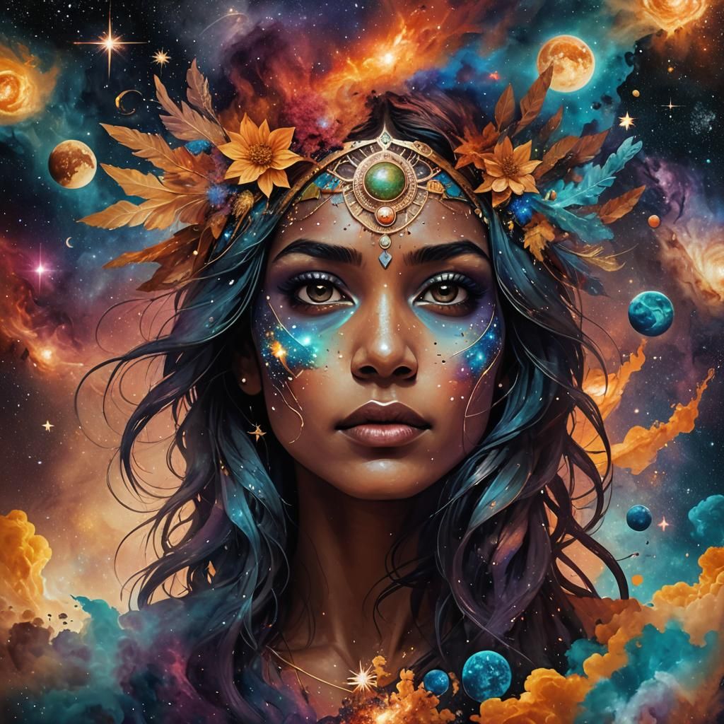 Create a mixed media piece that combines elements of cosmic ...