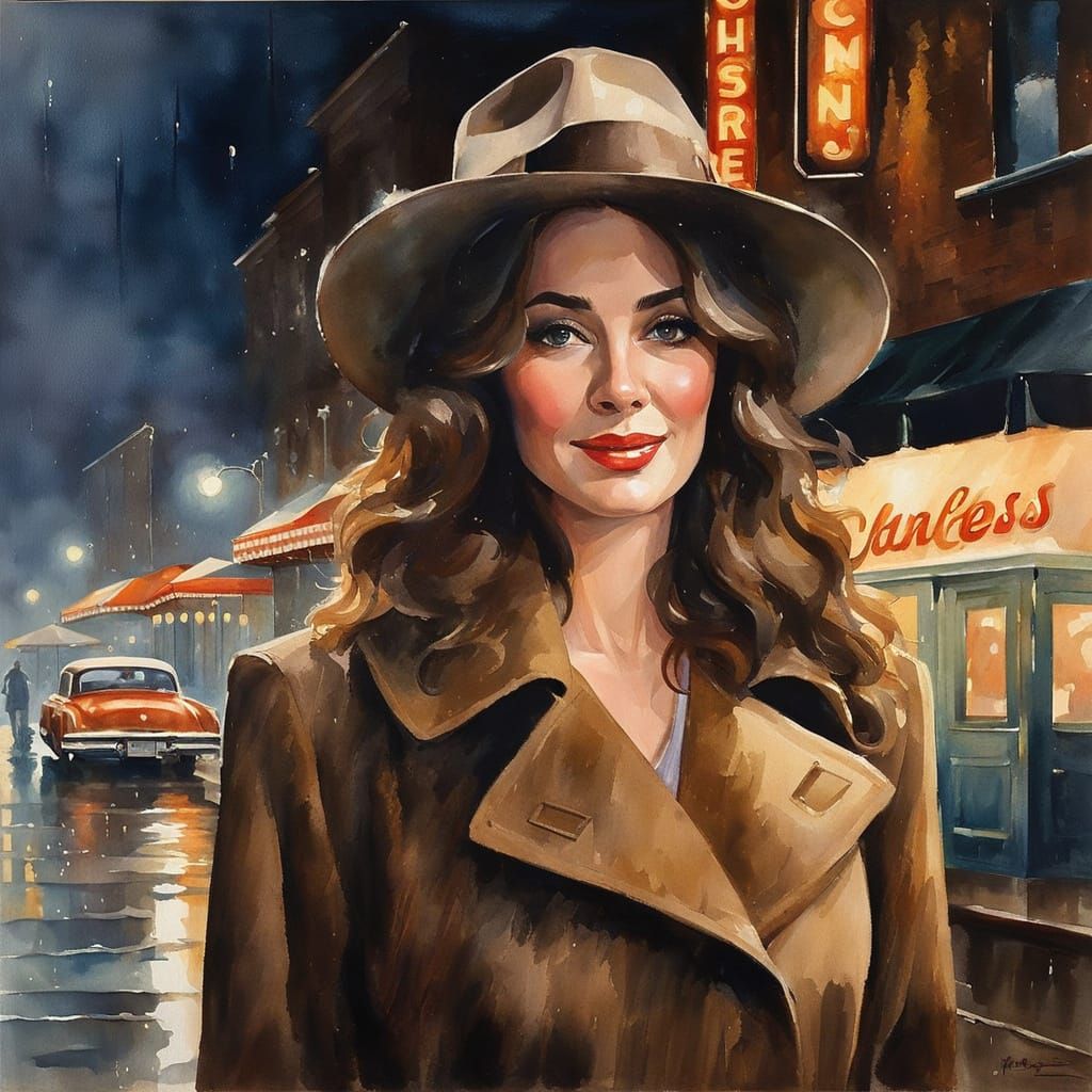 Impressionistic Watercolor of Woman in Rainy City