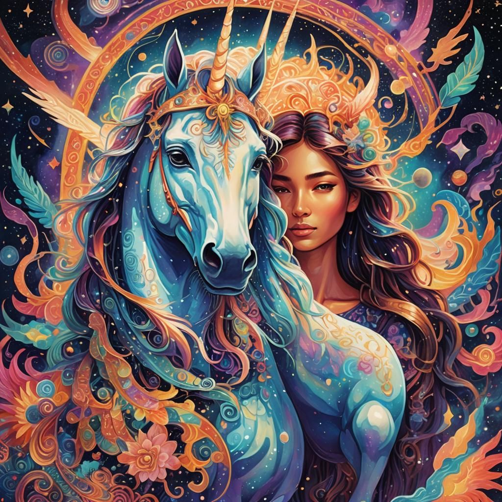 Cosmic Seeker with Unicorn in Mixed Media Style
