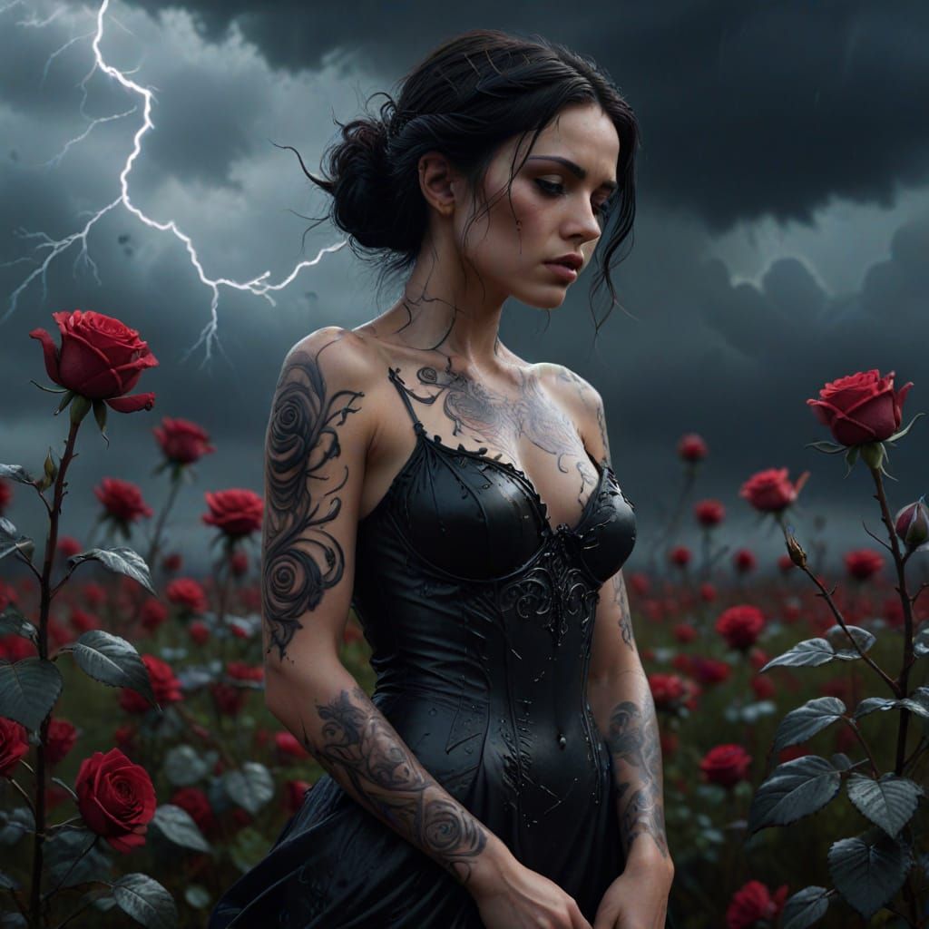 Dark Fantasy Woman with Tattoos in Stormy Rose Field