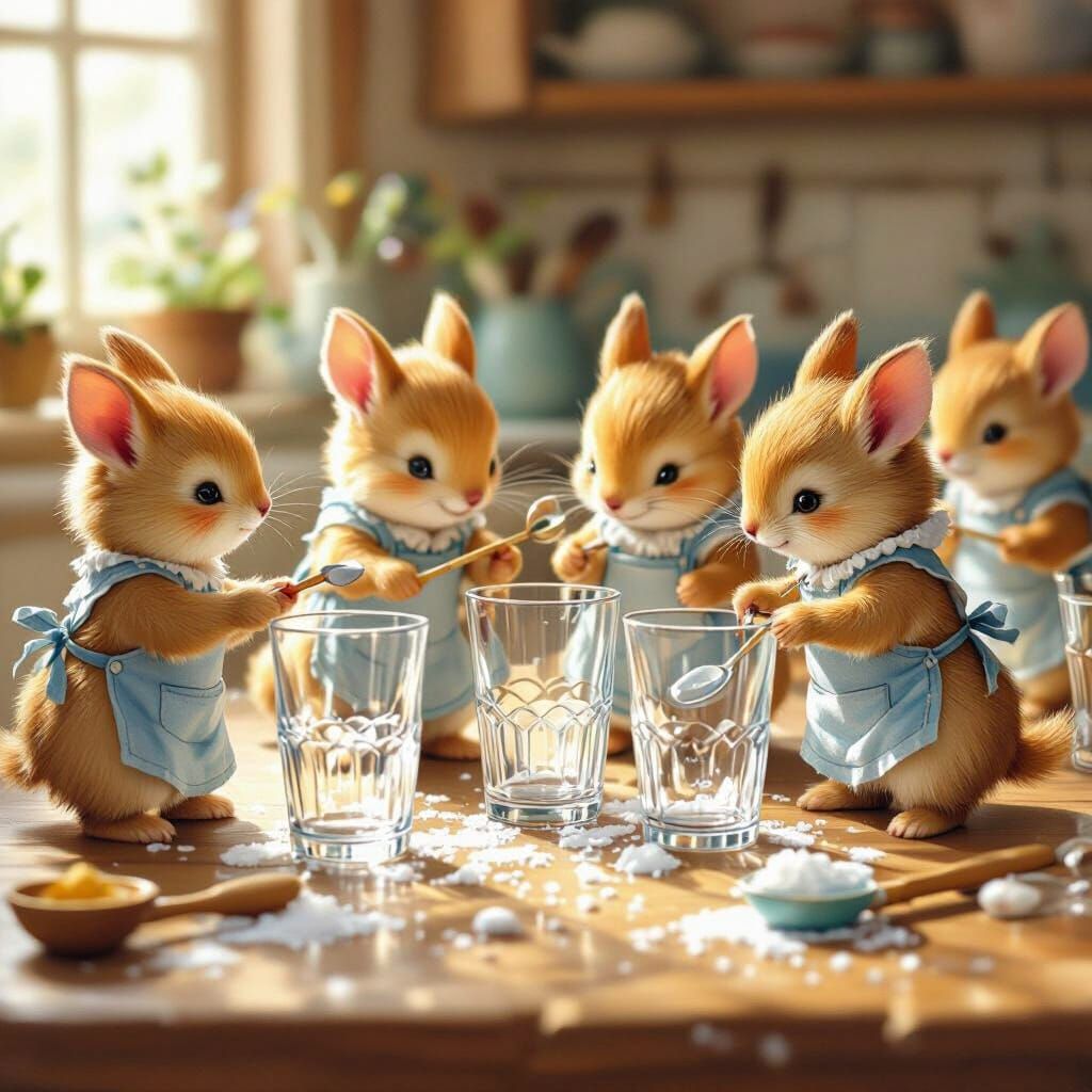 Tiny Creatures Scrubbing Glasses in Whimsical Style