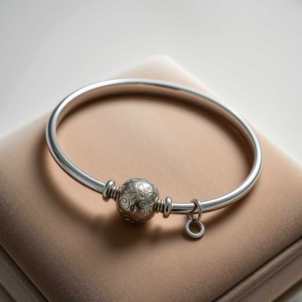 Polished Sterling Silver Bangle in Art Deco Style with Embos...