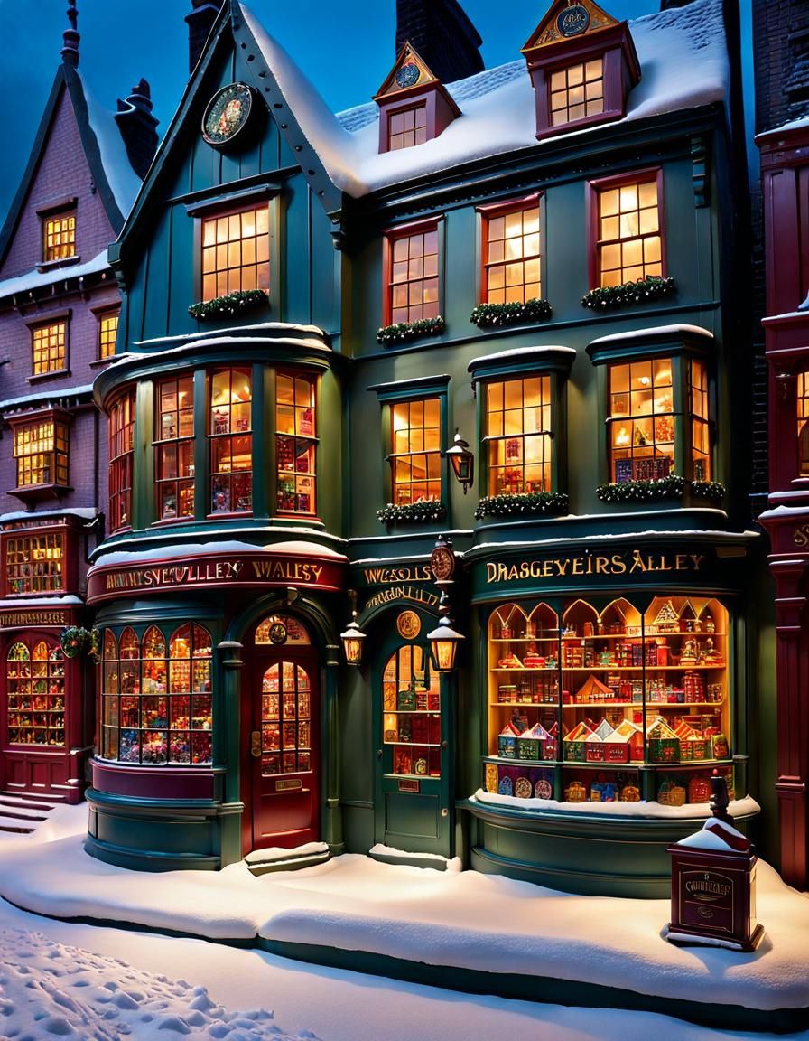 Whimsical Toy Store in Snowy Diagon Alley