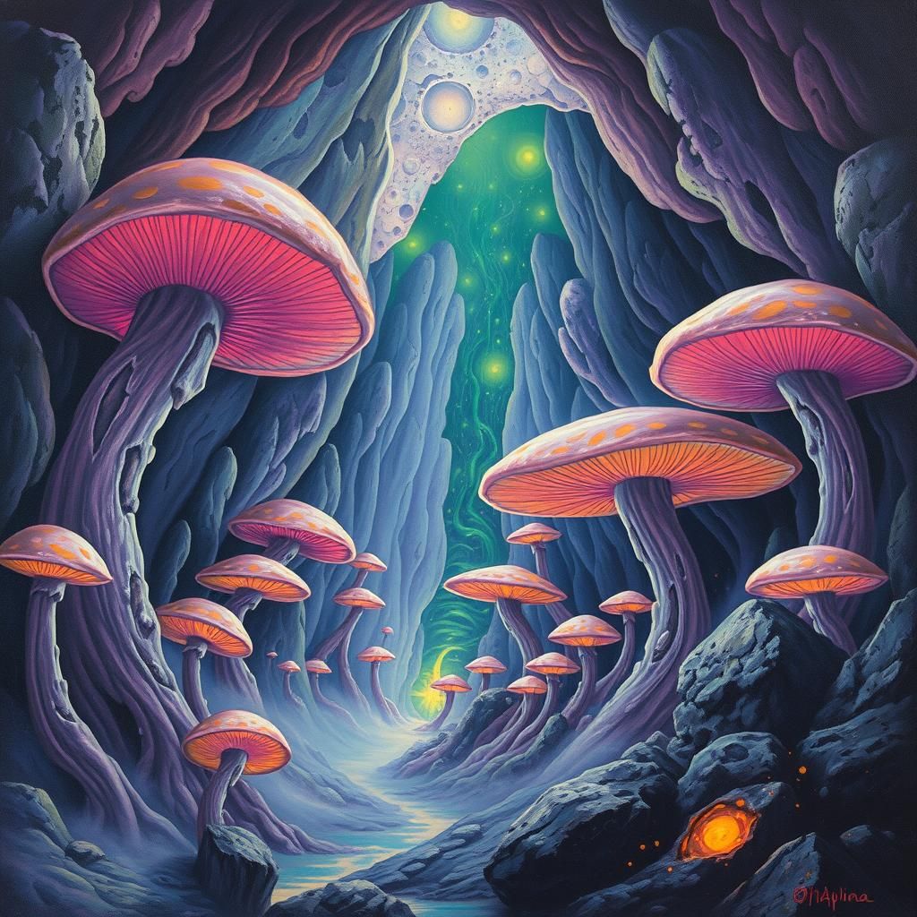 A cave overgrown with massive alien mushrooms