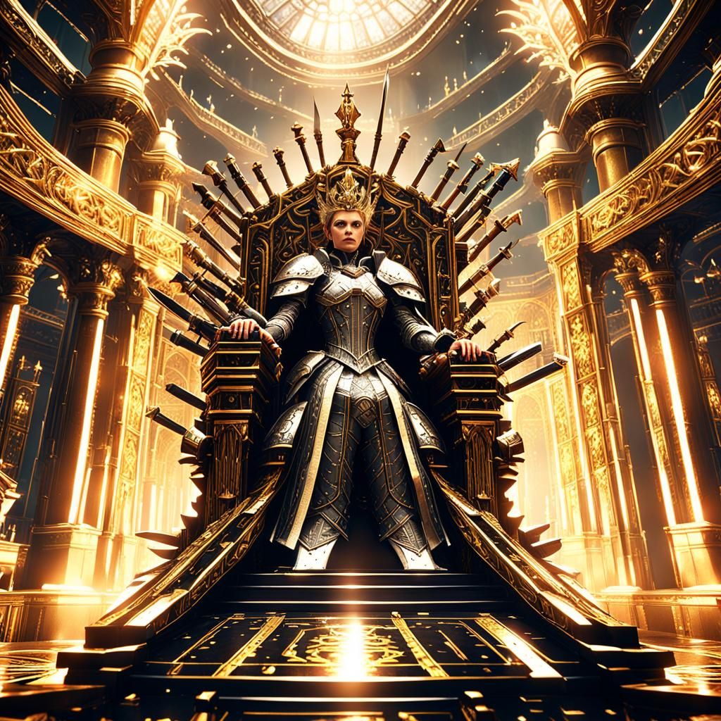Armored Queen in Ornate Throne Room: 3D Rendering