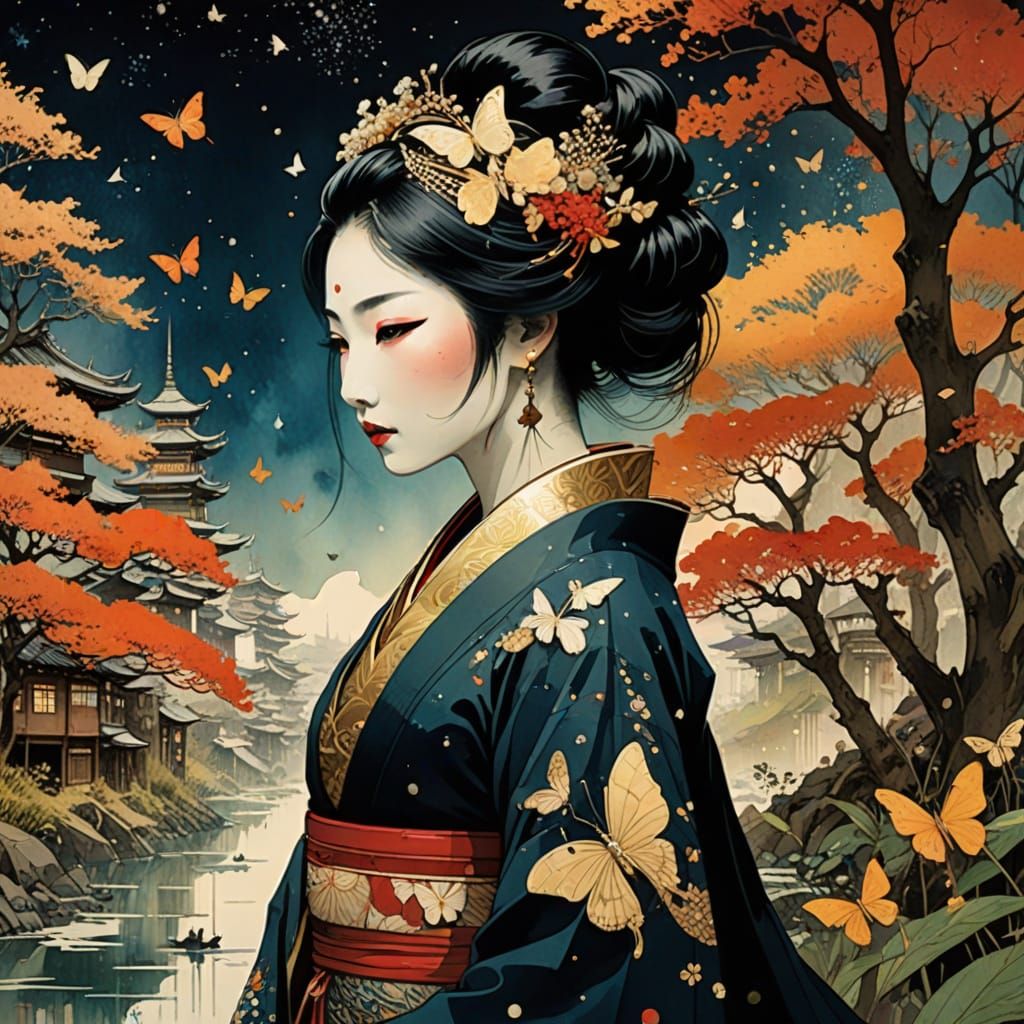 geisha with butterflies