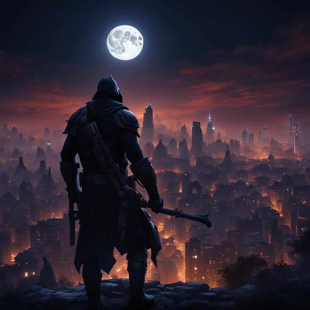 Vigilante Silhouette Over City at Night