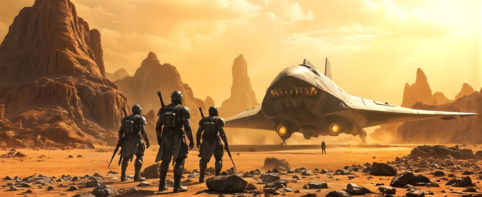 Futuristic Warriors Gaze at Spaceship, Syd Mead Style