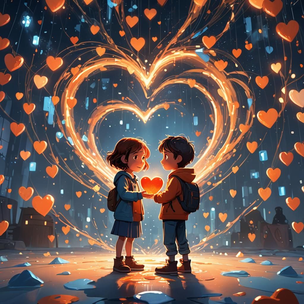 Children and Heart in Storybook Illustration Style