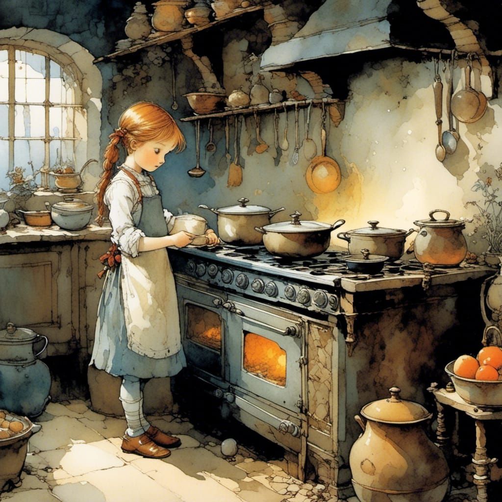 Adorable Girl Cooks Pudding in a Traditional Kitchen Scene
