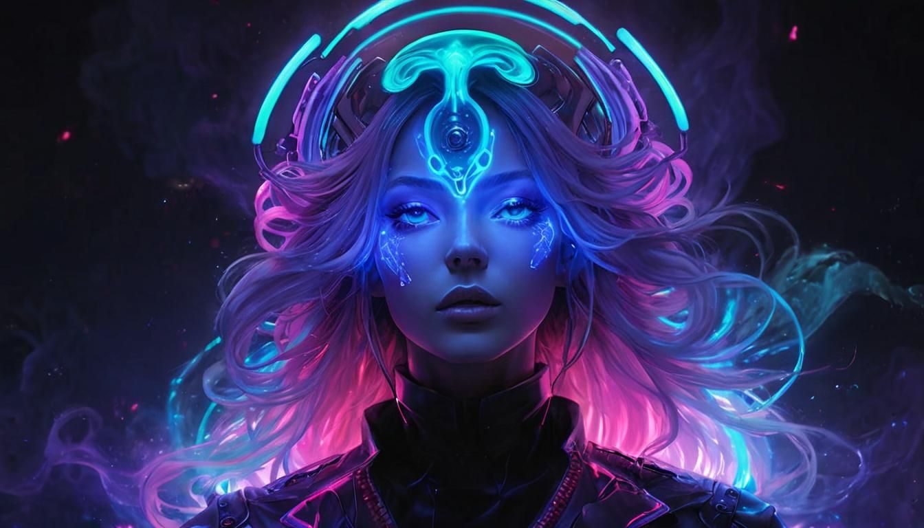 Neon Spaceship Over Alien Planet: Bioluminescent Bioart