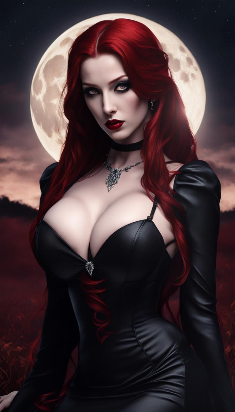 Redhead Vampire Kneeling in Field Under Moonlight