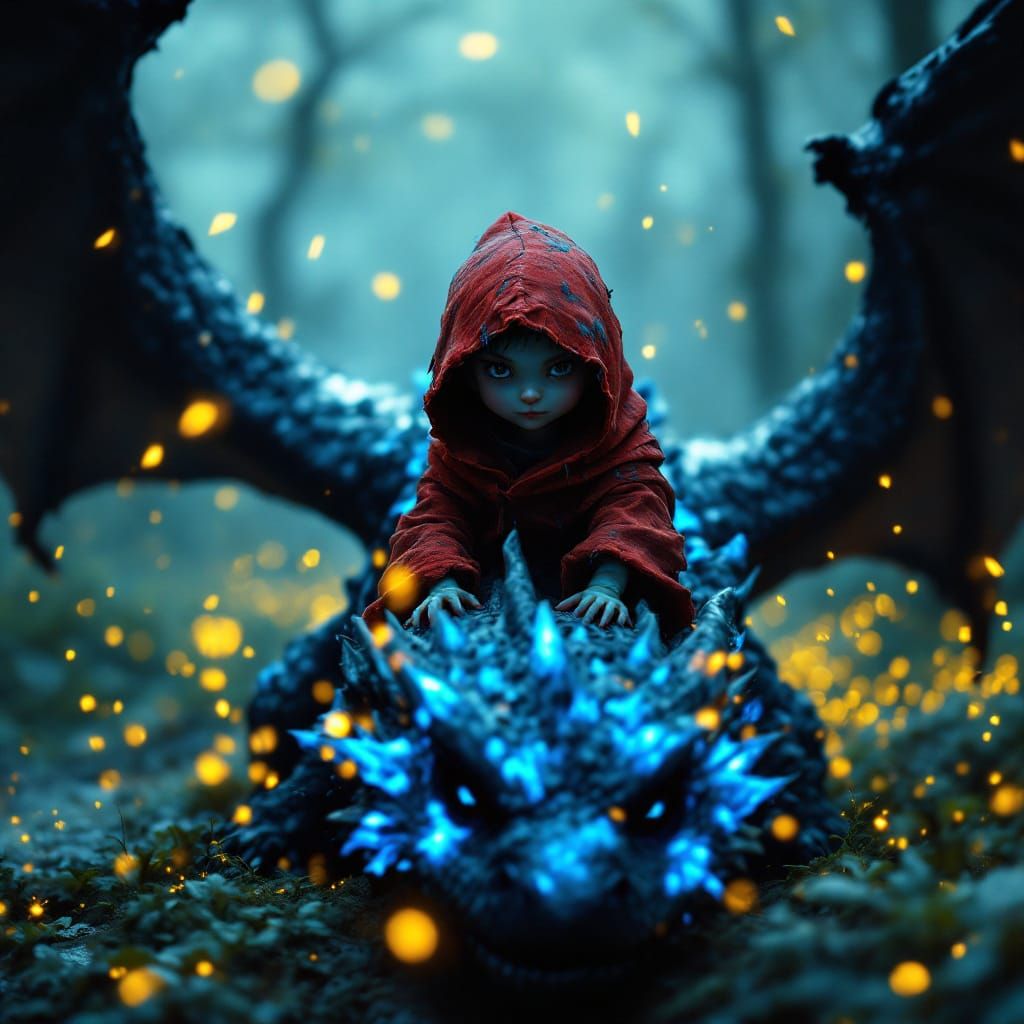 Cute Kobold Rides Magical Shadow Dragon in Glitter Storm