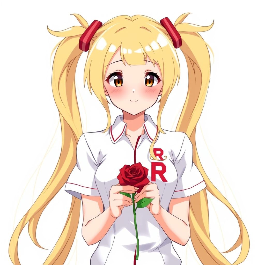 Golden Blonde Girl in R Team Uniform with Red Rose