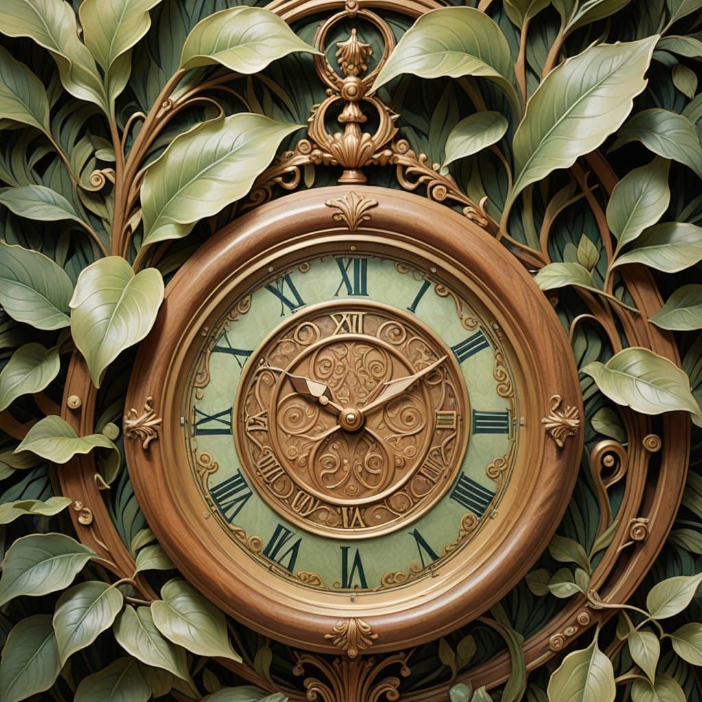 Art Nouveau Clocks Amidst Whimsical Greenery