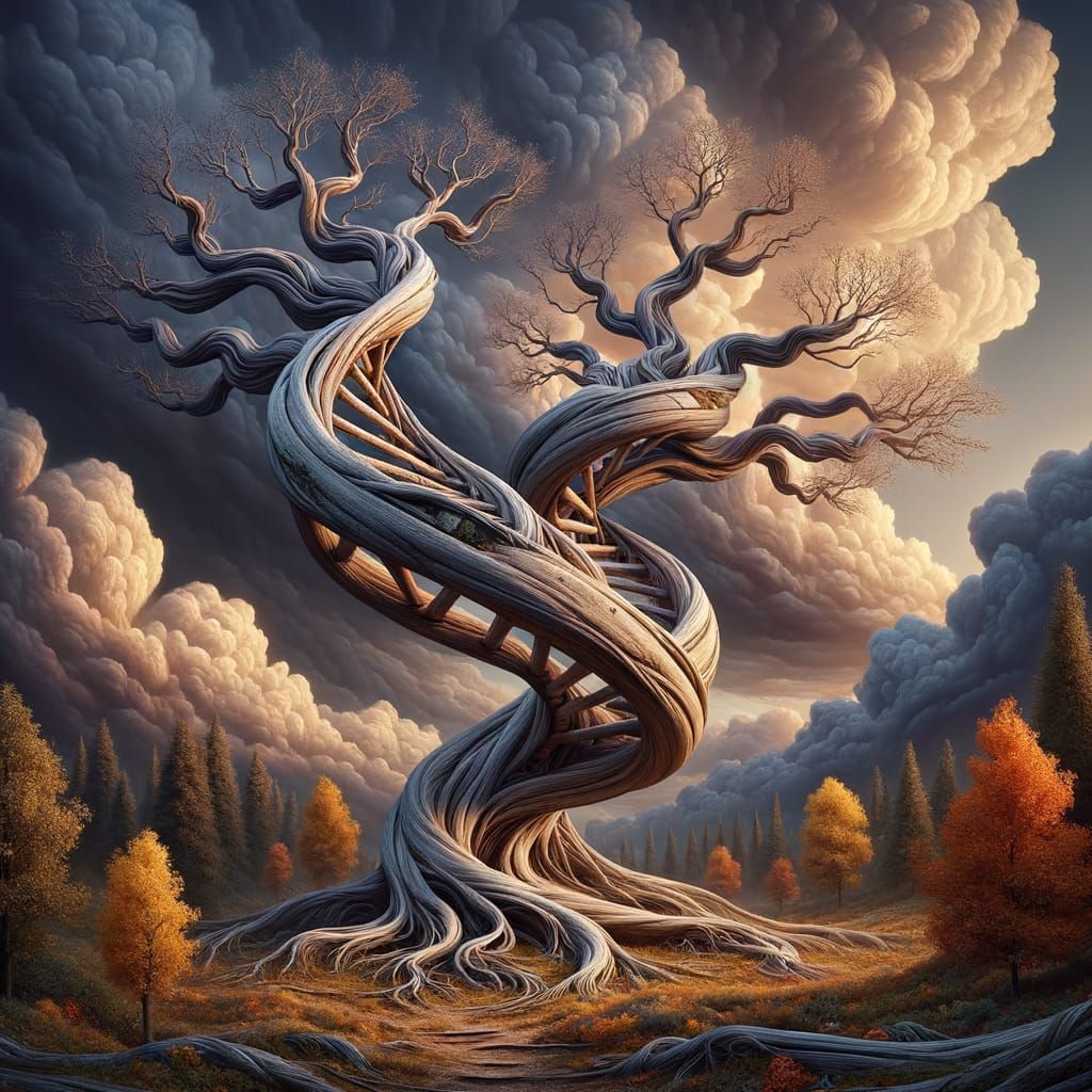 DNA Tree Helix in Stormy Autumn Sky