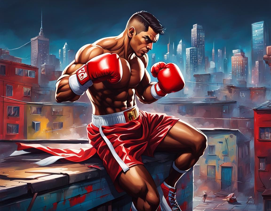 Boxer Superhero Saving Kitten, Graffiti Art Style