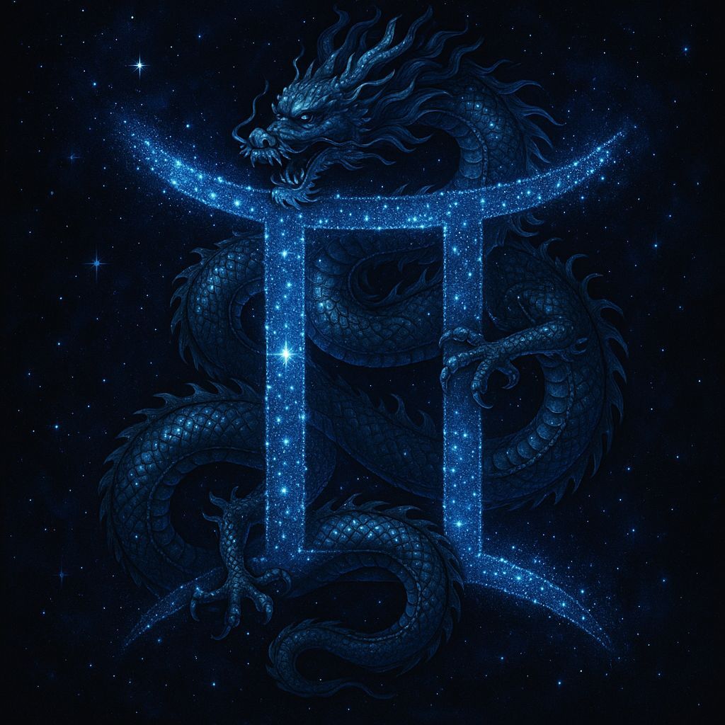 Gemini Symbol with Chinese Dragon in Cosmos