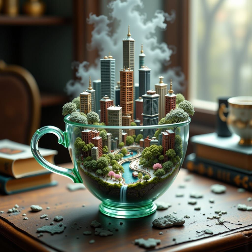 Metropolis in Teacup: Hyperrealistic Miniature Cityscape