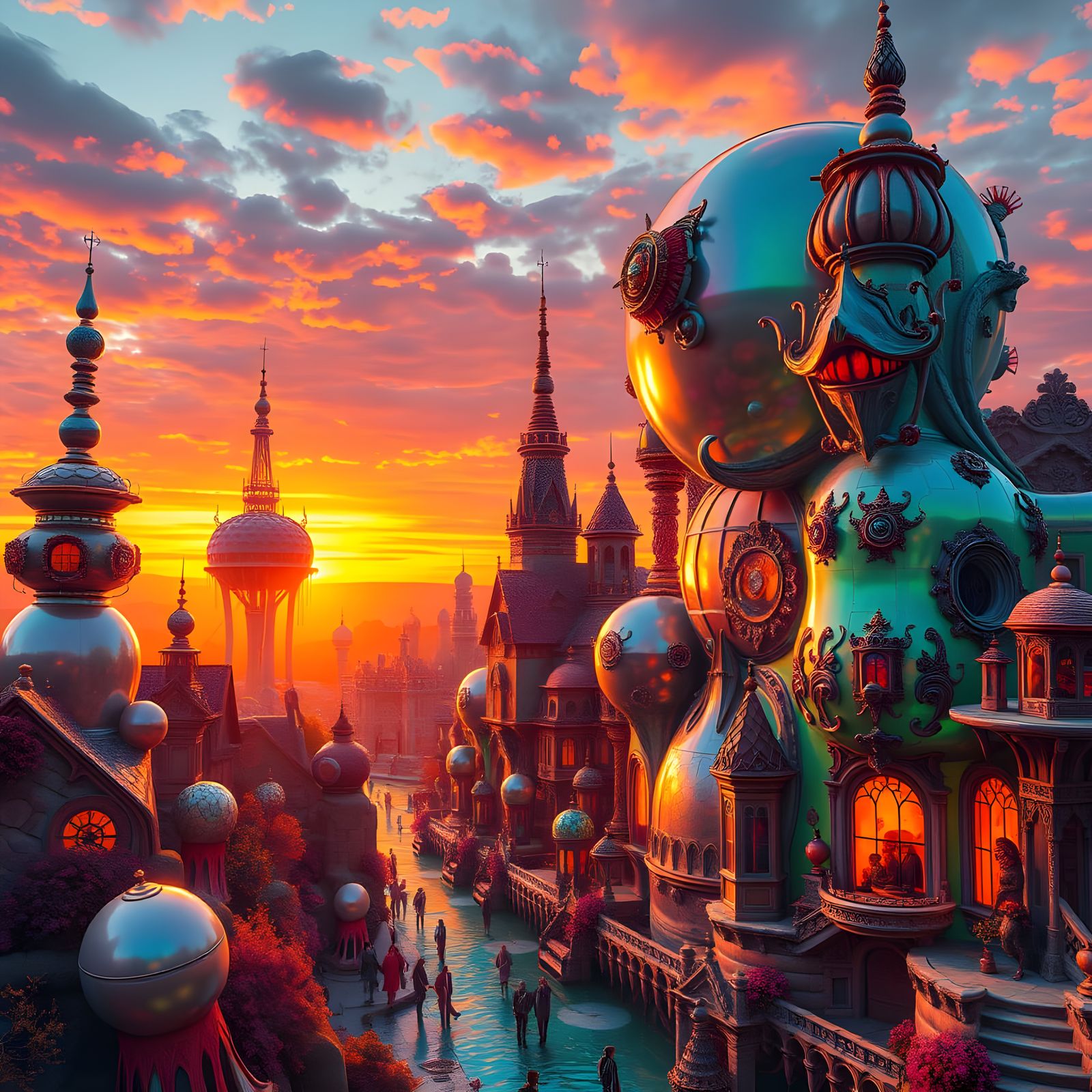 Surreal Cityscape of Iridescent Bubbles at Sunset