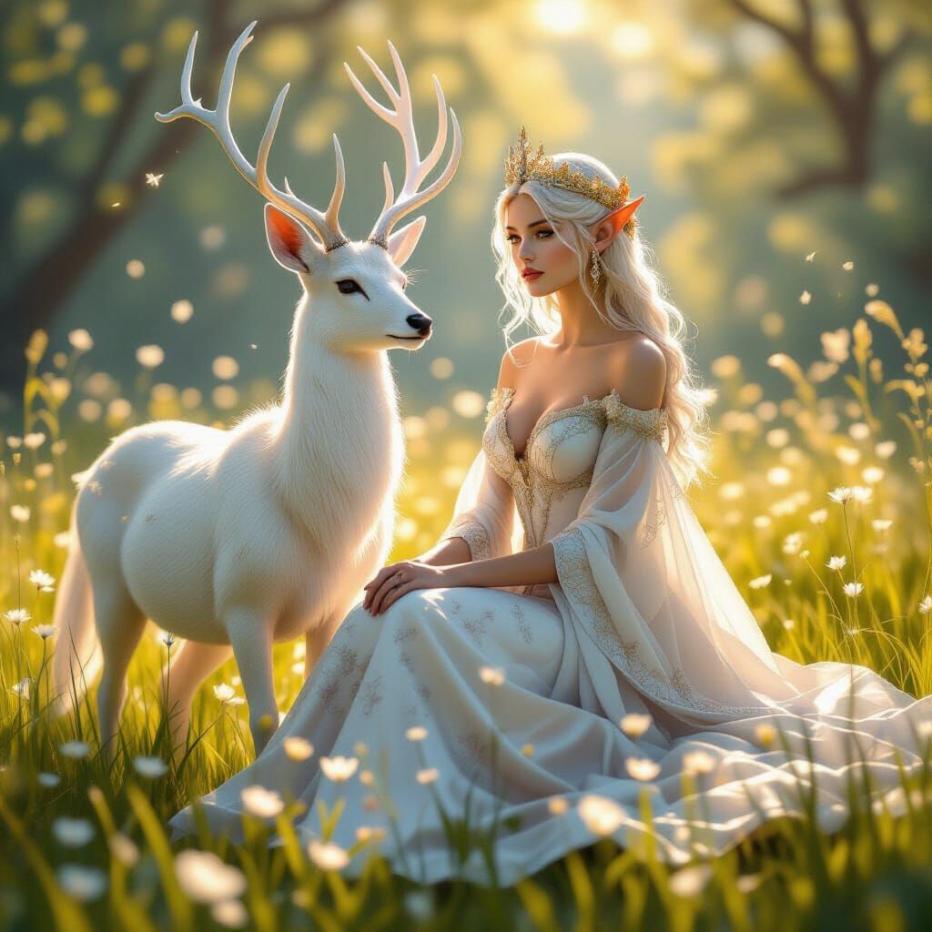 Elven Queen and White Deer in Pop Art Style