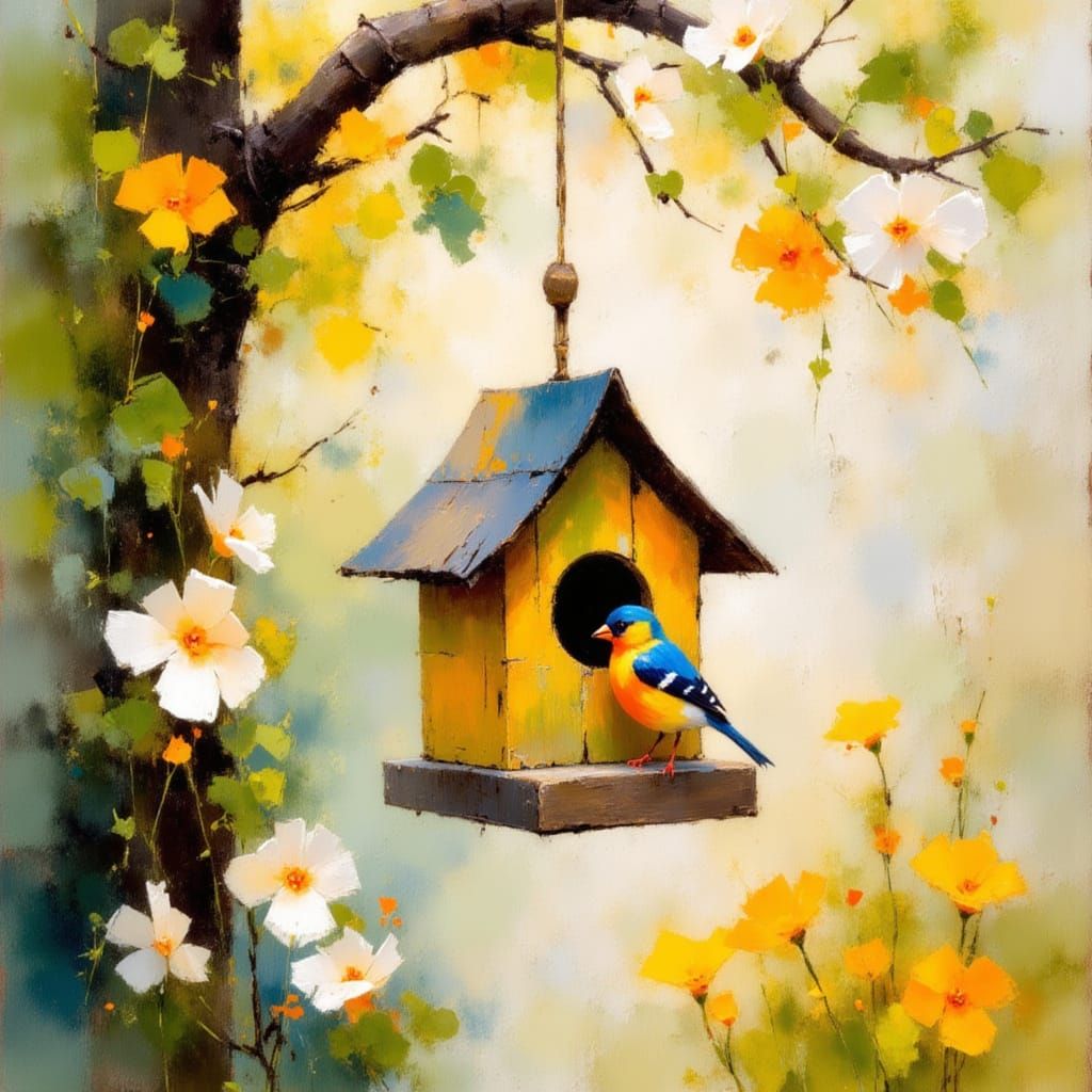 Baby Finch on Birdhouse Perch in Spring