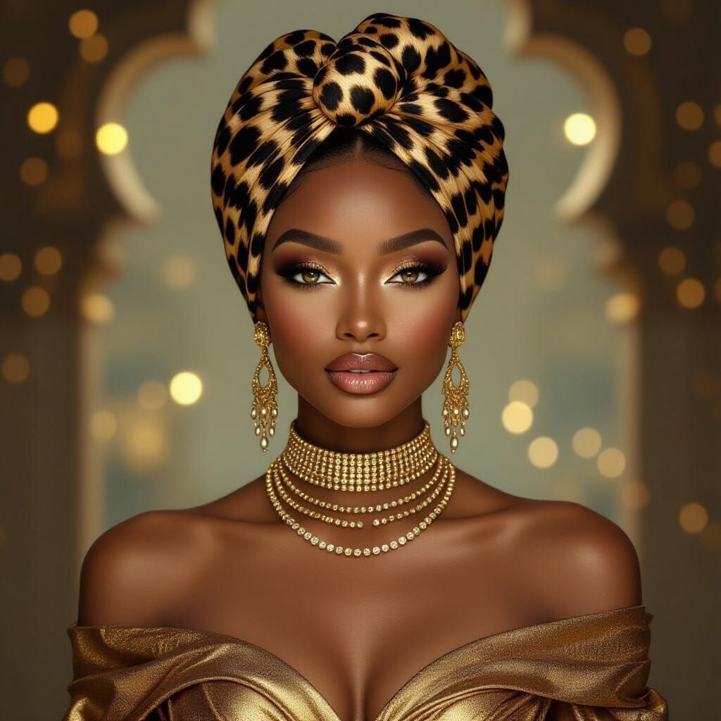 Ethereal Woman in Gold and Leopard Print