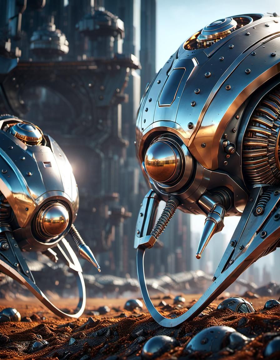Hyperdetailed Metal Snails in a Sci-Fi Landscape