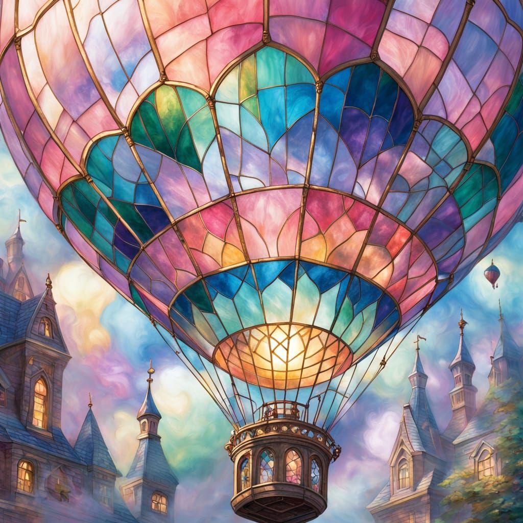 Stained Glass Hot Air Balloon Window in Ethereal Mist