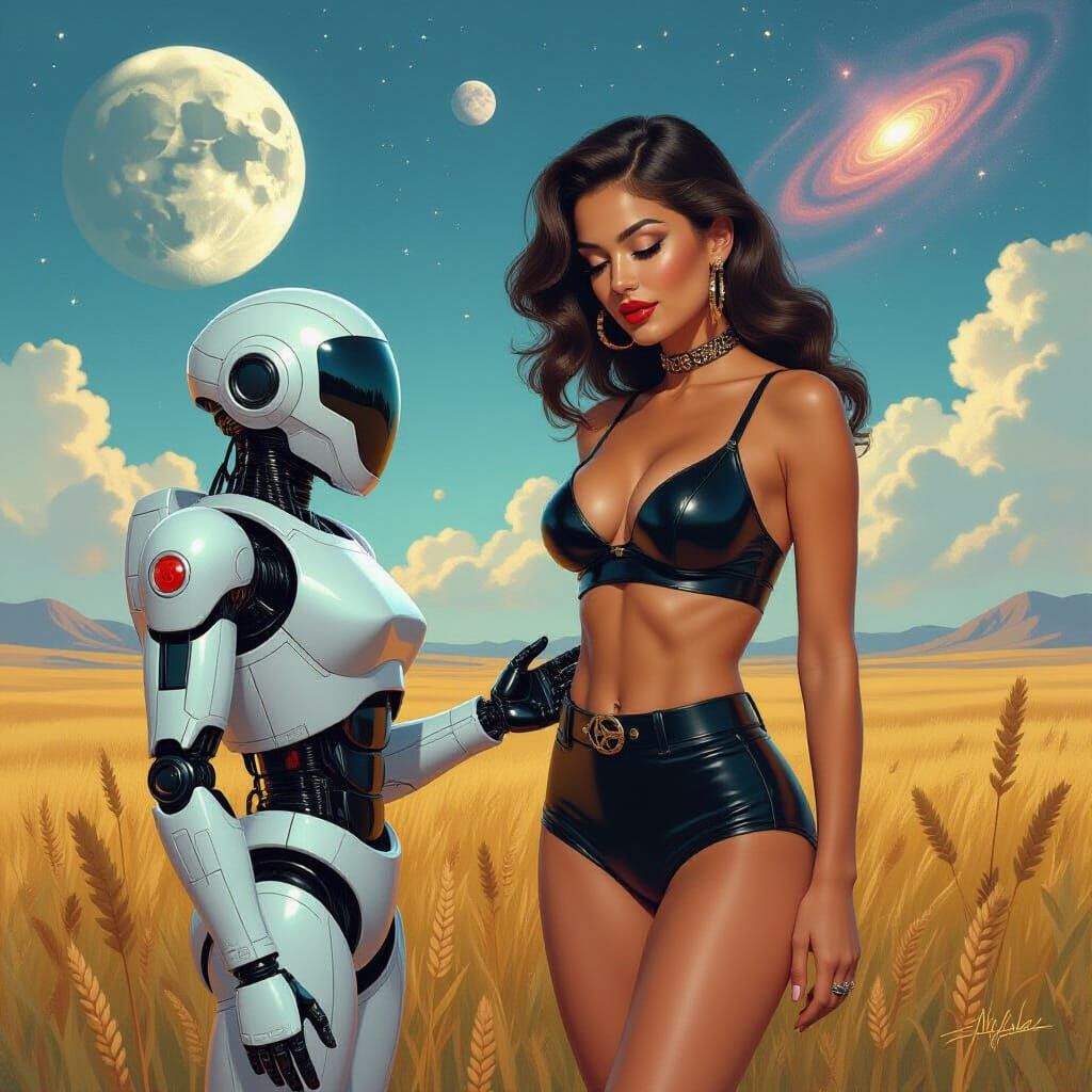 Sci-Fi Pin-Up Woman in Cosmic Landscape with Android