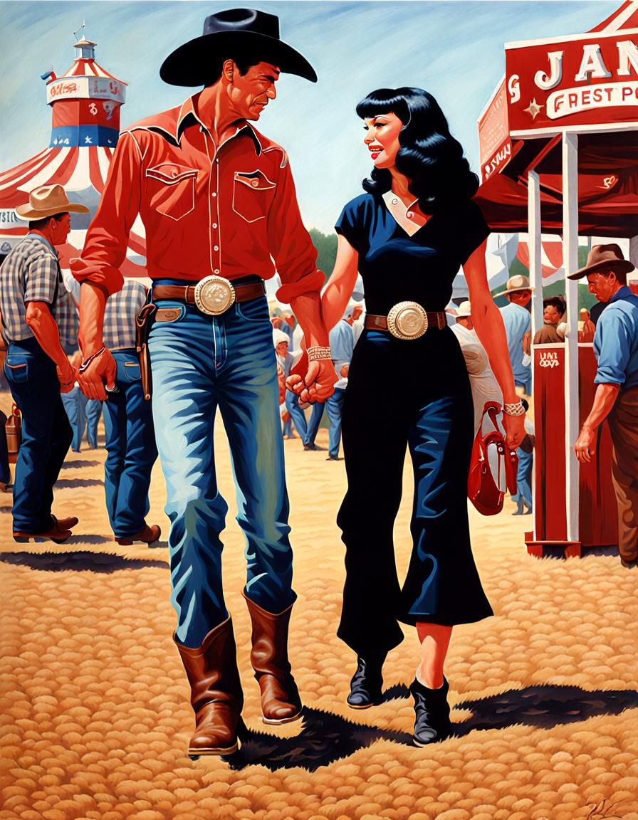 Cowboy and Bettie Page at County Fair in Photorealism