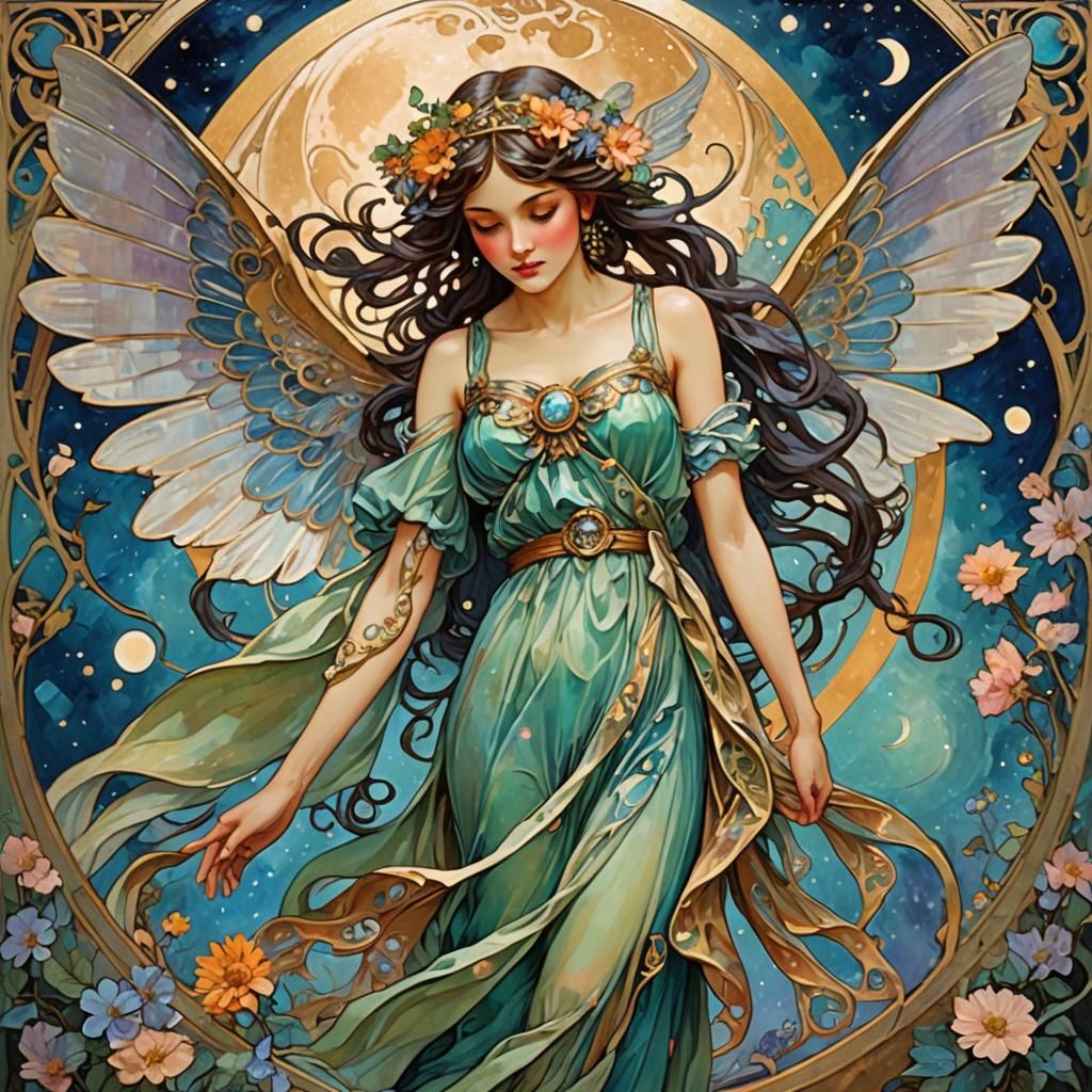 Moon Fairy with Giant Wings in Art Nouveau Style