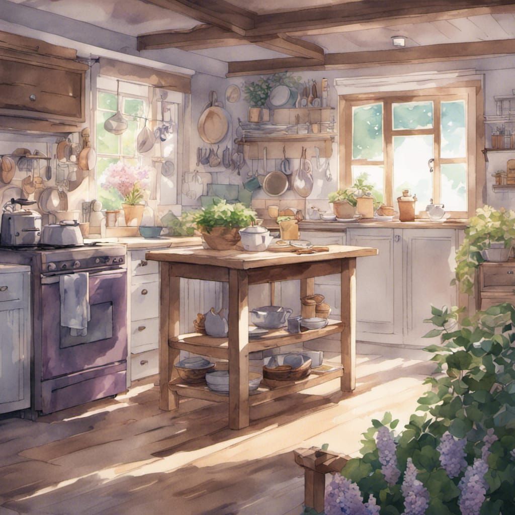 Watercolor Farmhouse Kitchen in Studio Ghibli Style