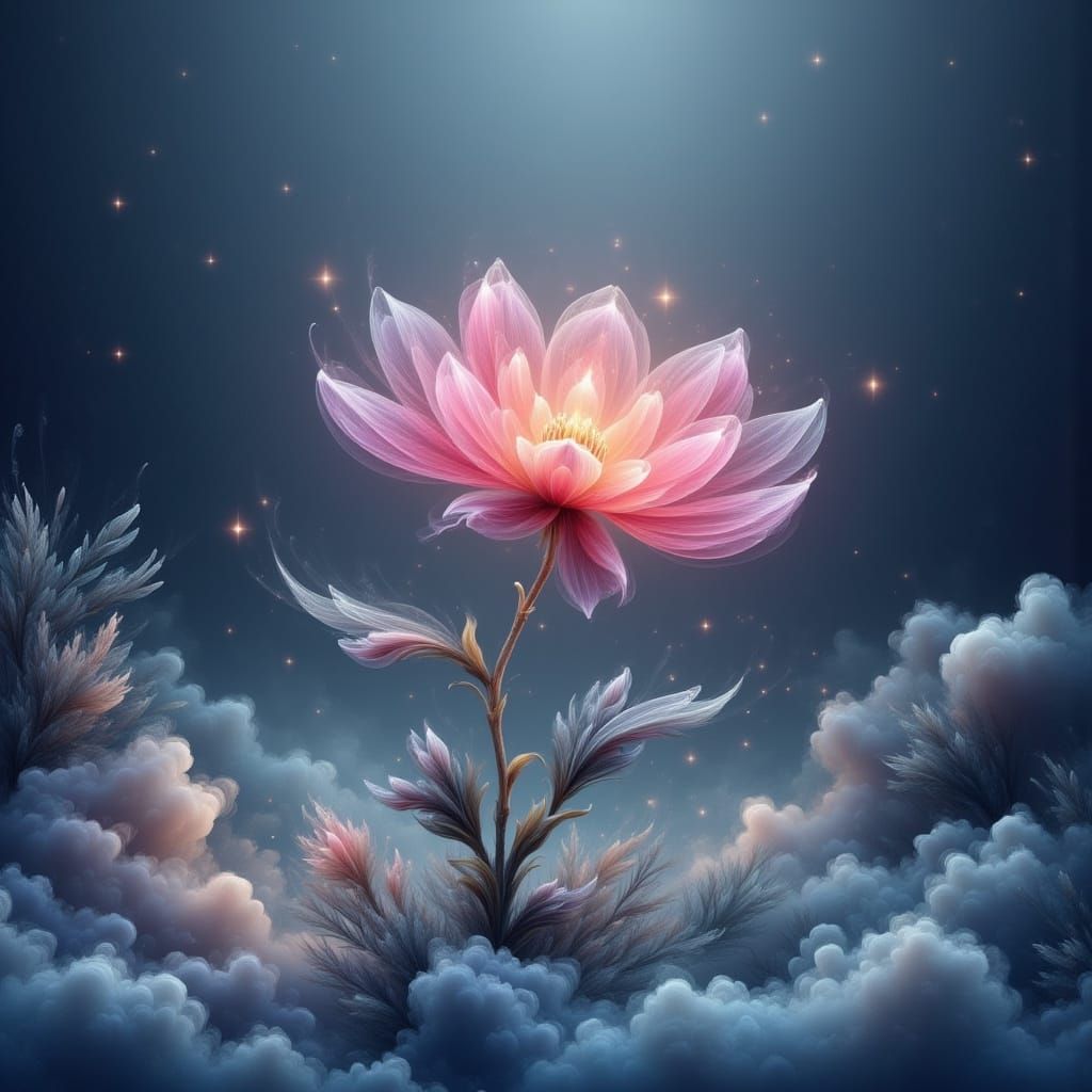 Ethereal Pink Flower Blooms in Snowy Abandoned Village