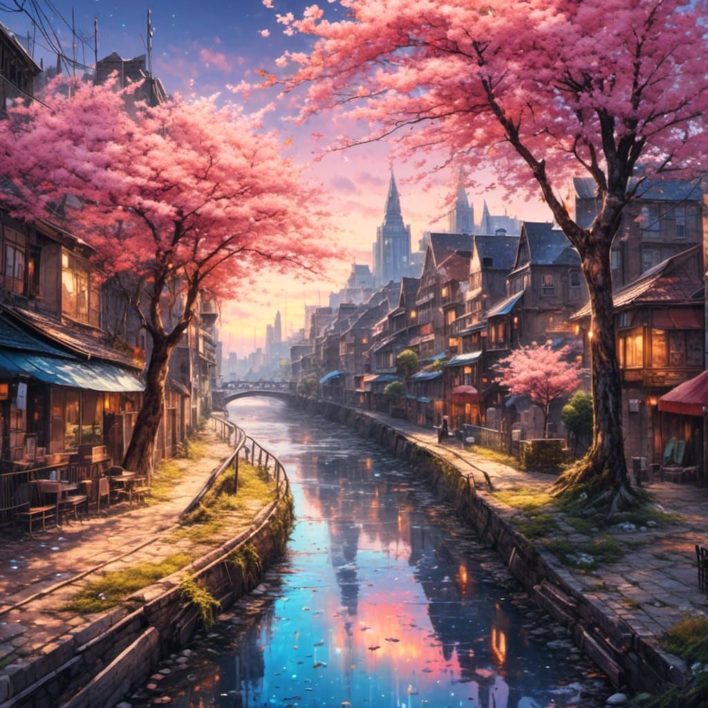 Vibrant Sakura River Sunset in Graffiti Art Style
