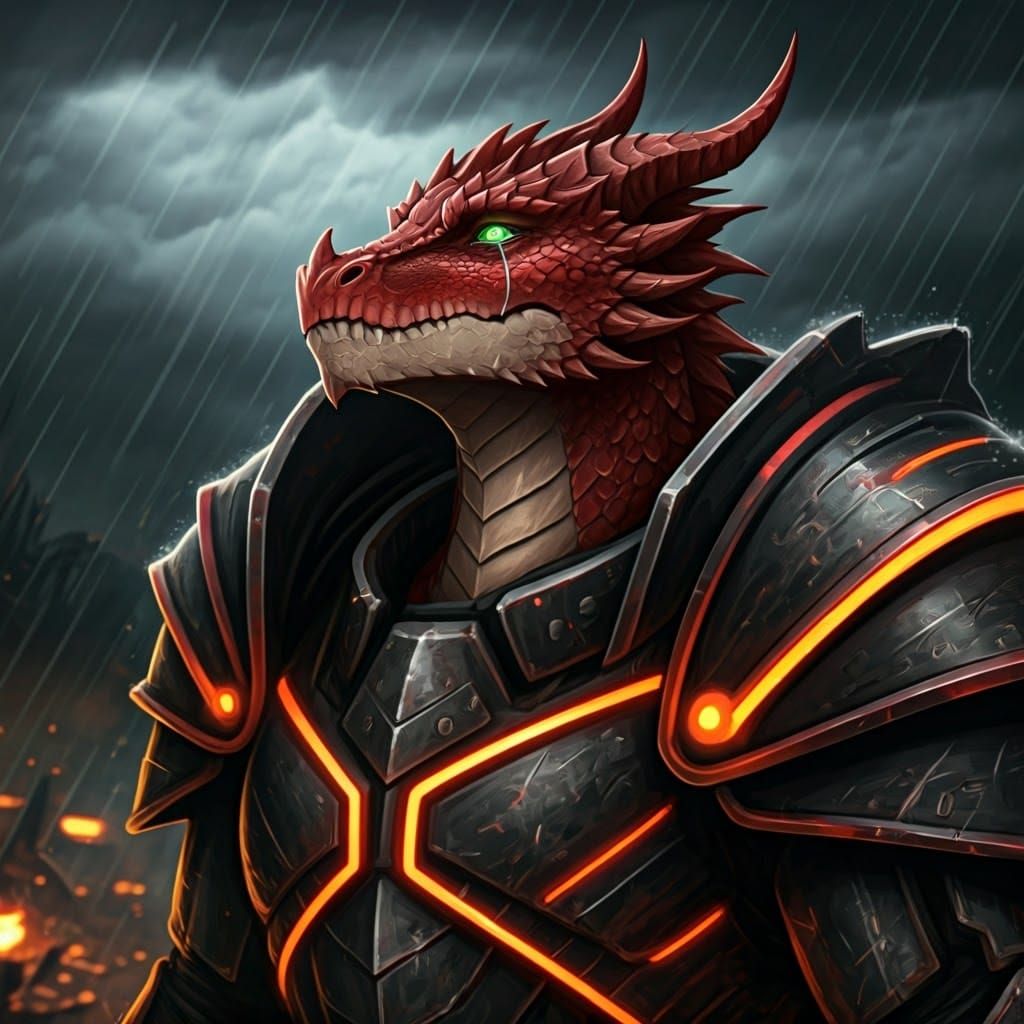 Dragonkin Warrior in Rain-Soaked Battlefield, Syd Mead Style