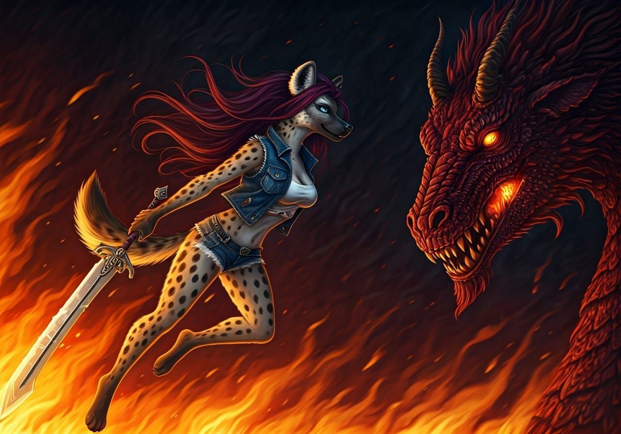 Surreal Dark Fantasy Hyena Battles Crimson Goat-Dragon in In...