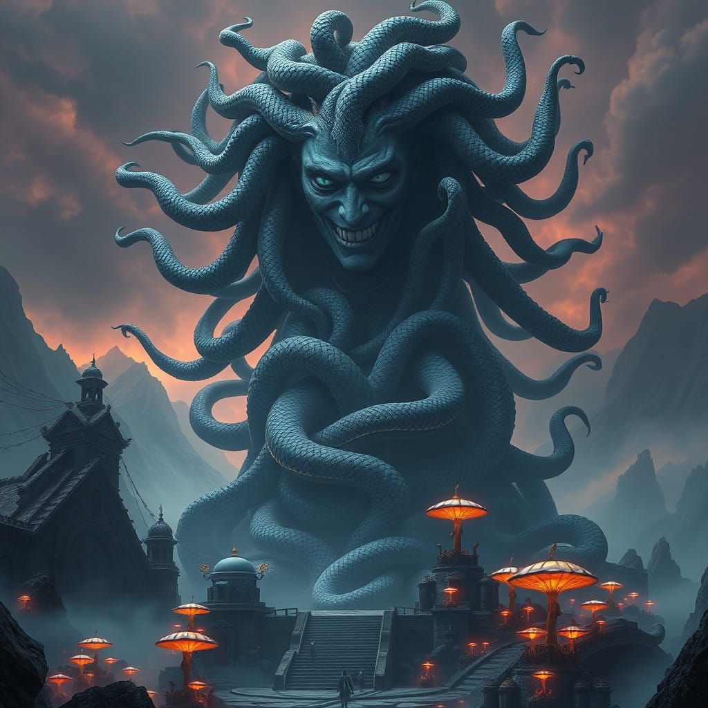 Medusa in a Dark Fantasy Realm, Inspired by Cyberpunk Digita...