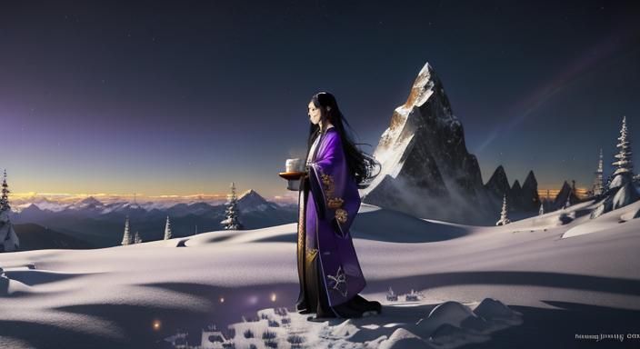 Ethereal Fantasy Woman in Kimono with Mountain Backdrop